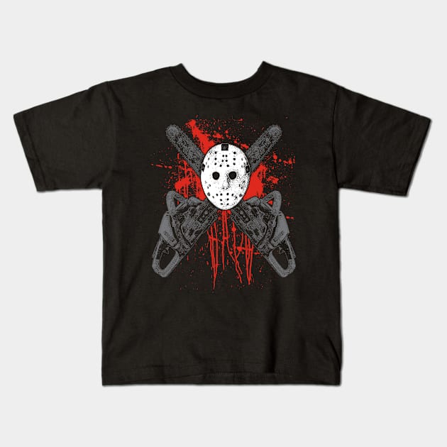 Chainsaw Hockey Mask With Blood Splatters - B Movie Massacre Kids T-Shirt by DeadMonkeyShop